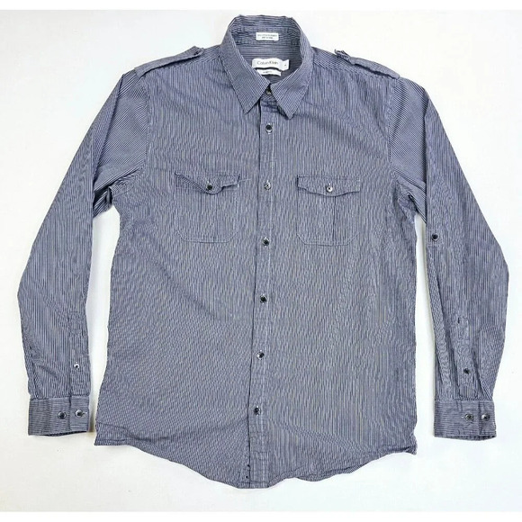 Calvin Klein Modern Fit Size Medium Men's Gray Navy Stripe Long Sleeve Shirt - Picture 5 of 12